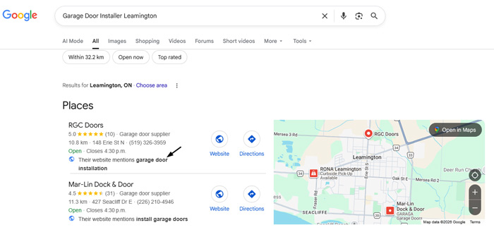 Local Map Pack rankings for RGC Doors